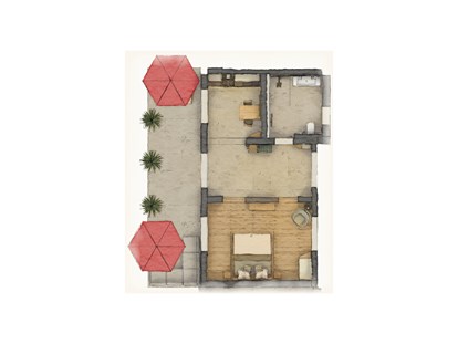 Naturhotel - Bio-Hotel Merkmale: Vollholzmöbel / -einrichtung (kein MDF) - Struppen - Appartement "Löwenzahn" Grundriss für 2 Personen, mit großzügiger Terrasse ins Grüne - BIO-NATURIDYLL WIESENGRUND