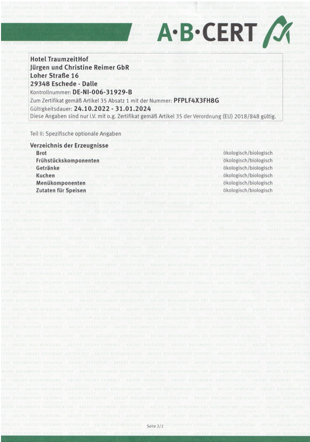 Bio-Hotel TraumzeitHof - Naturotel  Evidence certificates TraumzeitHof_DE-ÖKO-006 certificate