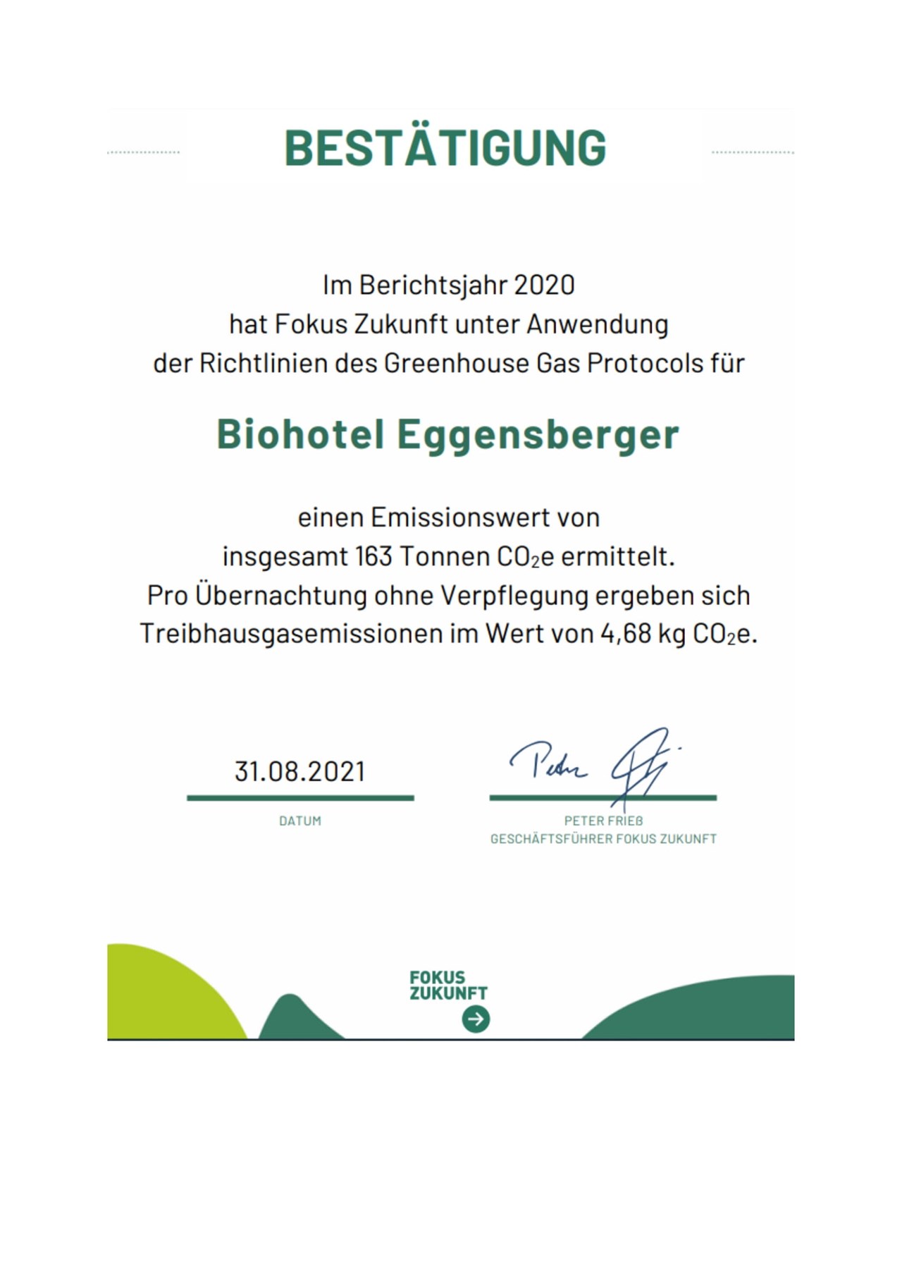 Biohotel Eggensberger Nachweise Zertifikate FOKUS Zukunft: Klimapositiv