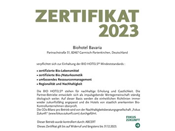 Biohotel Bavaria Evidence certificates BIO HOTELS® certificate