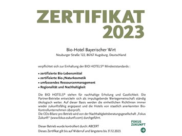 Bayerischer Wirt Evidence certificates BIO HOTELS® certificate