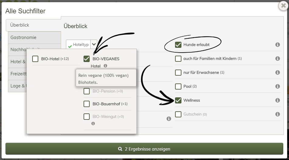 Biohotels-Suchfilter