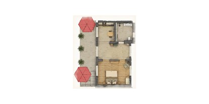 Naturhotel - Dämmmaßnahmen - Sachsen - Appartement "Löwenzahn" Grundriss für 2 Personen, mit großzügiger Terrasse ins Grüne - BIO-NATURIDYLL WIESENGRUND