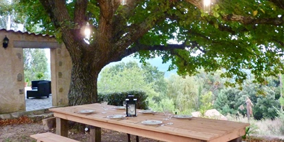 Nature hotel - Bio-Küche: Glutenfreie Kost möglich - France - Essbereich unter Bäumen - Abriecosy