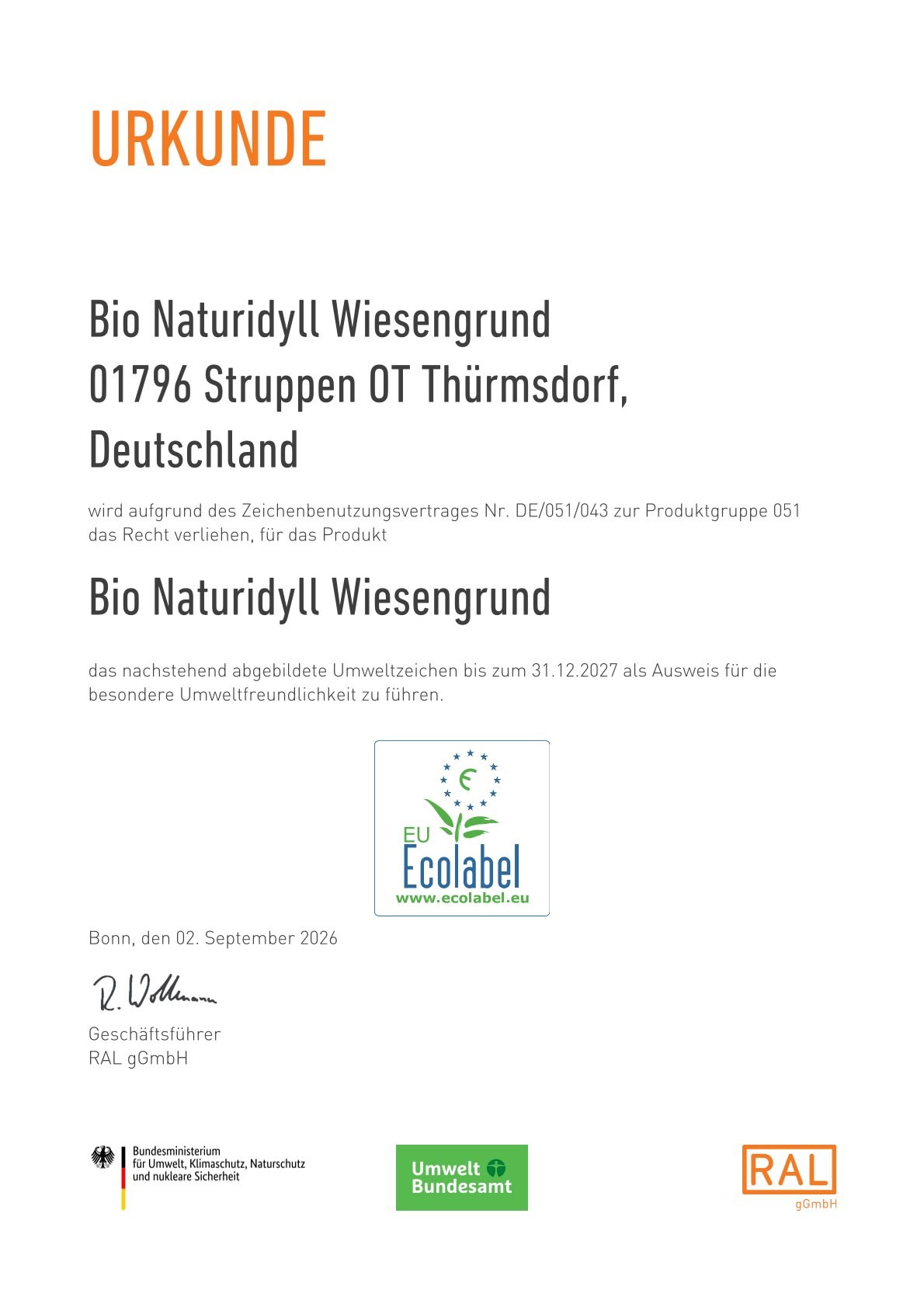 BIO-NATURIDYLL WIESENGRUND Upload Zertifikate EU-Ecolabel für Beherbergungsbetriebe