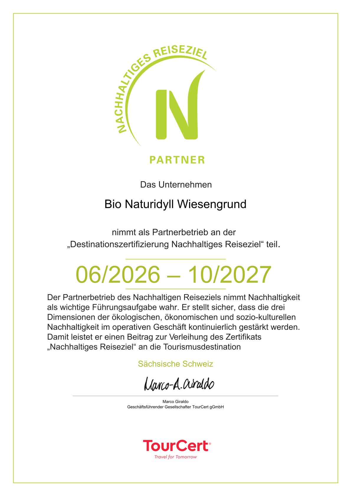 BIO-NATURIDYLL WIESENGRUND Upload Zertifikate Partner des nachhaltigen Reisezieles sächsische Schweiz