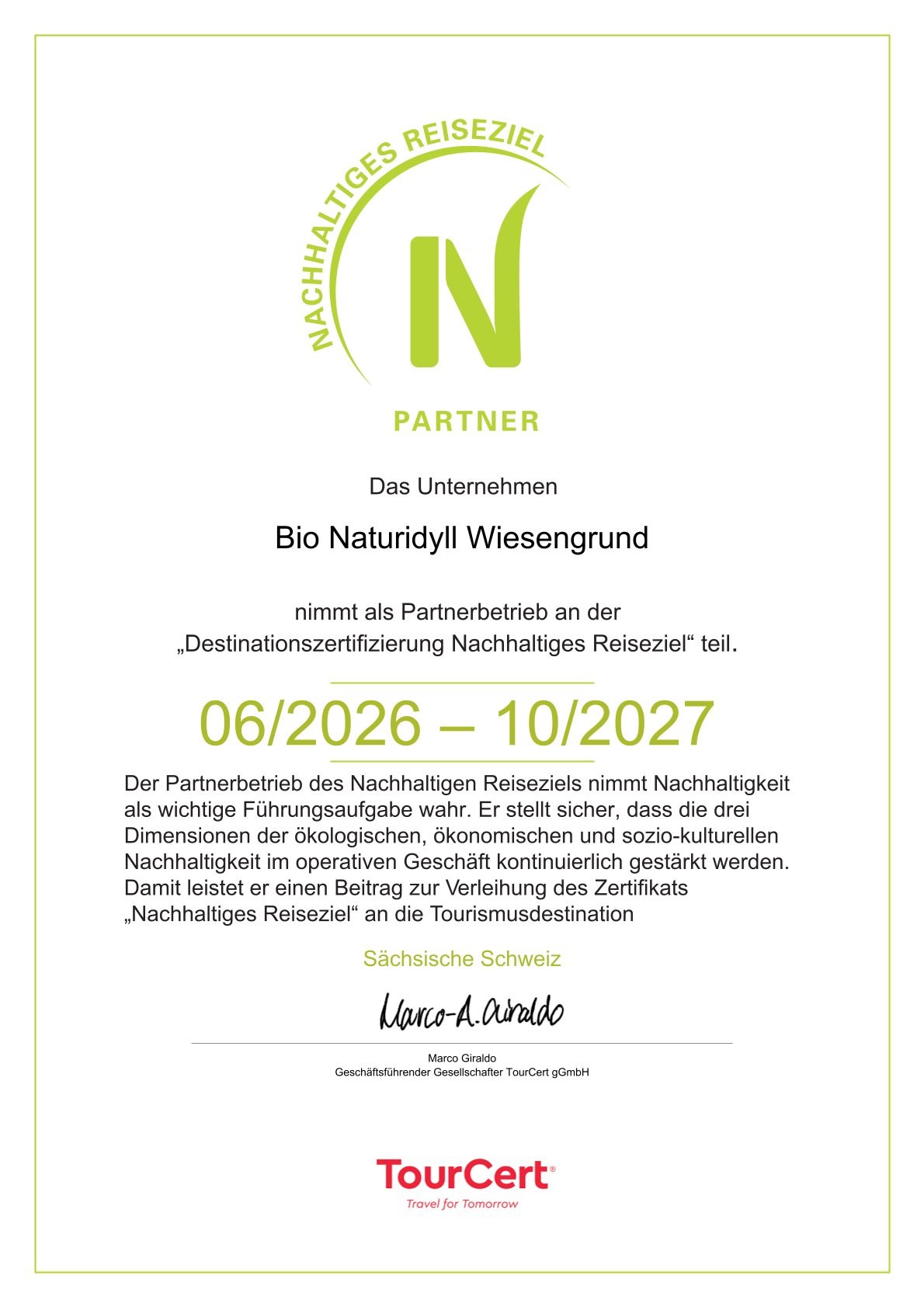 BIO-NATURIDYLL WIESENGRUND Upload Zertifikate Partner des nachhaltigen Reisezieles sächsische Schweiz