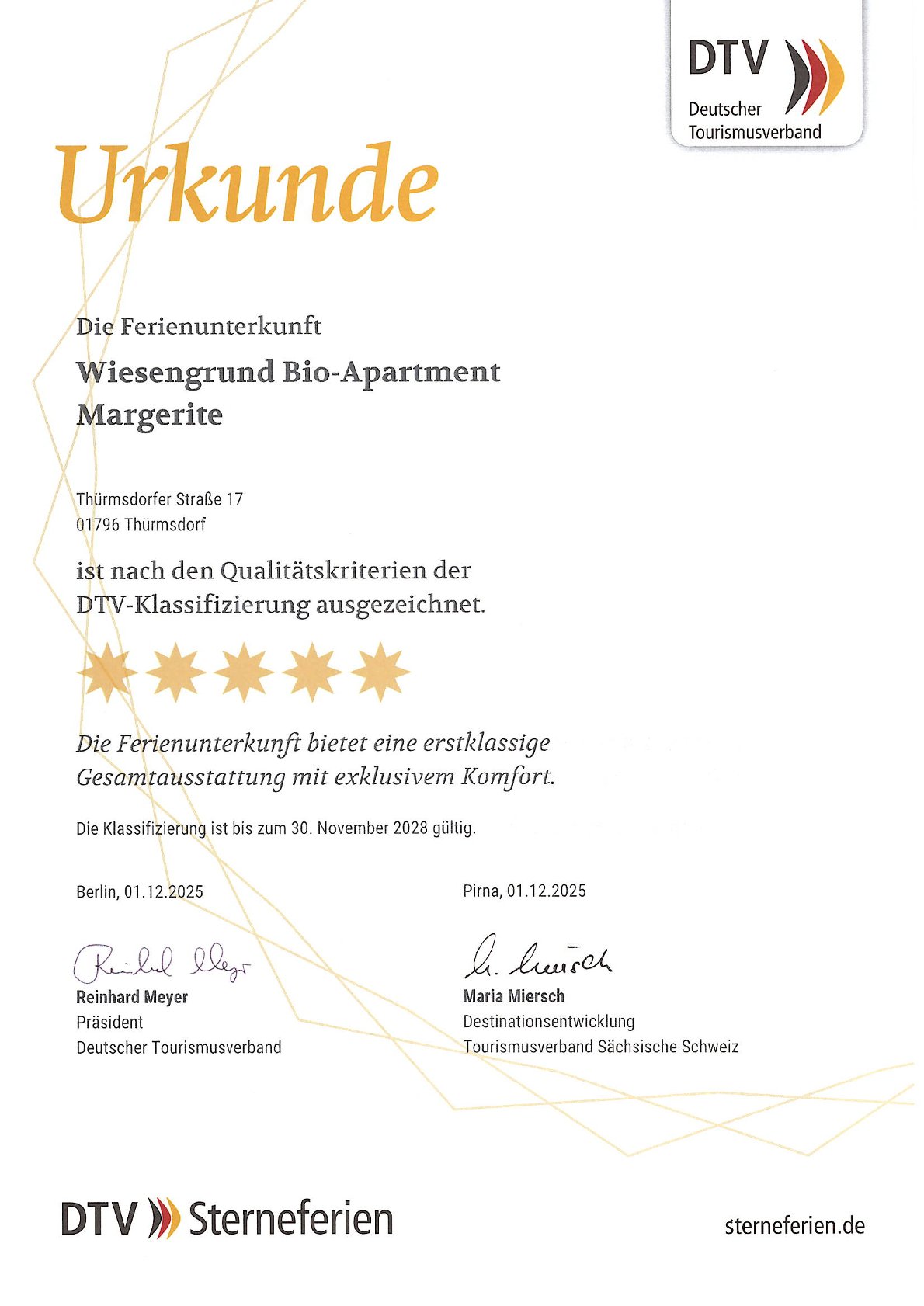 BIO-NATURIDYLL WIESENGRUND Upload Zertifikate Klassifizierung nach DTV Apartment Margerite