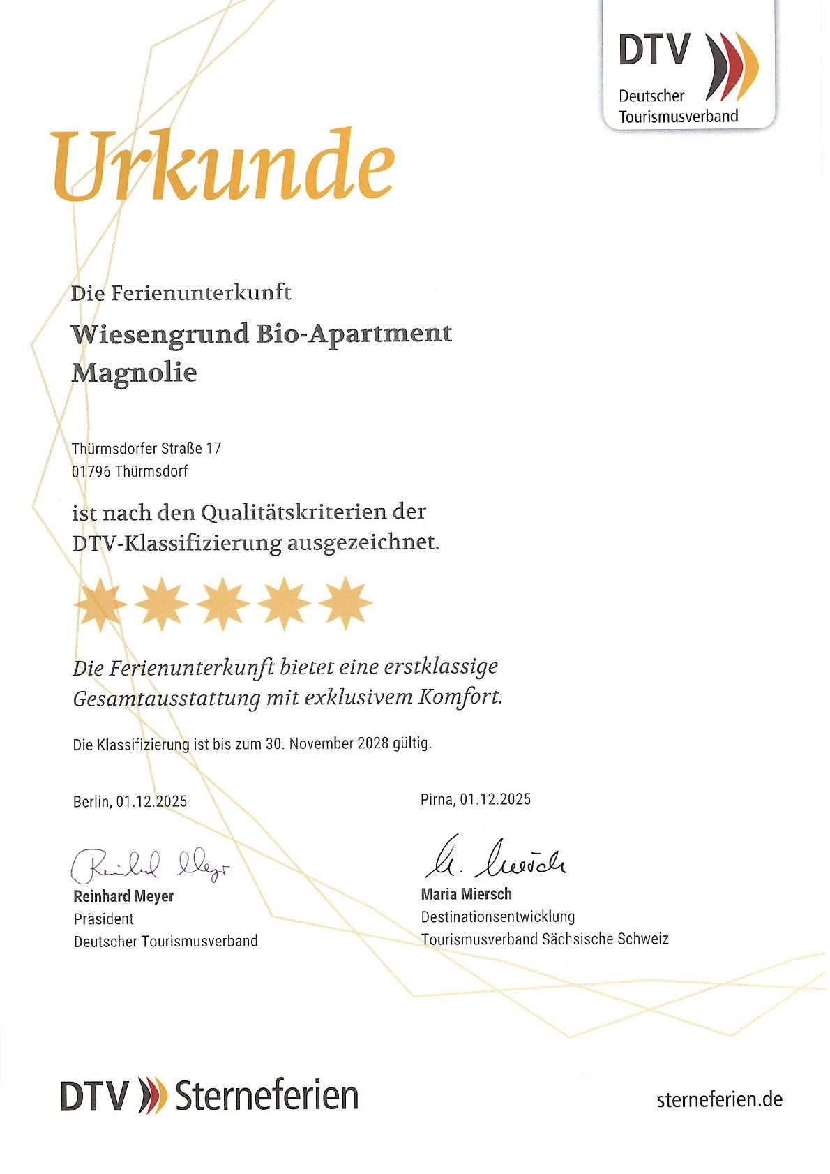 BIO-NATURIDYLL WIESENGRUND Upload Zertifikate Klassifizierung nach DTV Apartment Magnolie