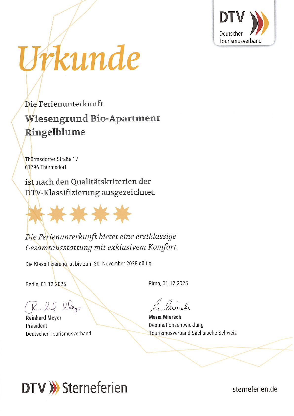 BIO-NATURIDYLL WIESENGRUND Upload Zertifikate Klassifizierung nach DTV Apartment Ringelblume