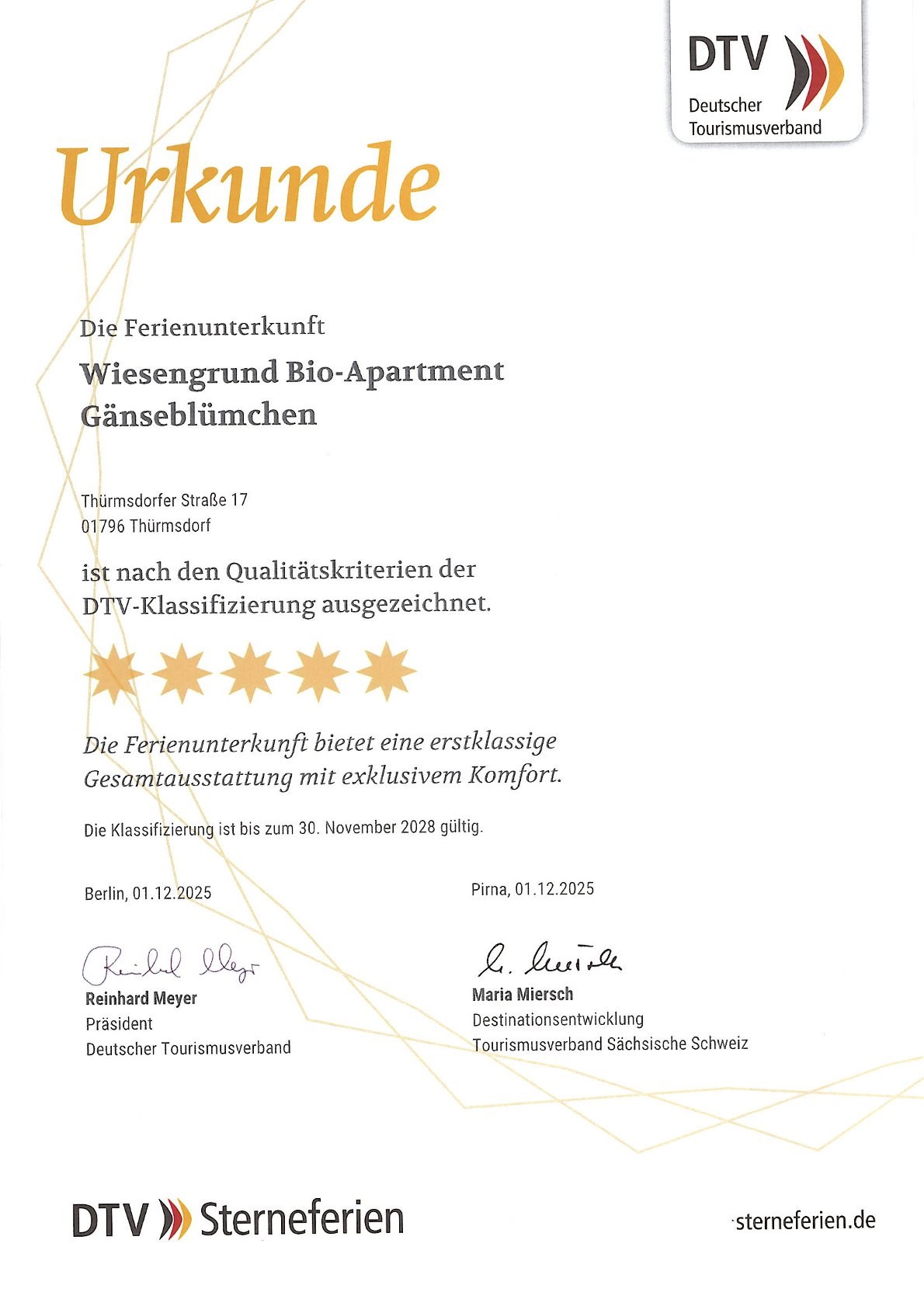 BIO-NATURIDYLL WIESENGRUND Upload Zertifikate Klassifizierung nach DTV Apartment Gänseblümchen