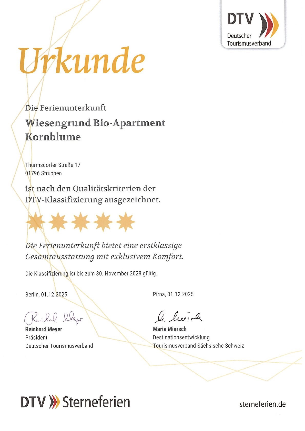 BIO-NATURIDYLL WIESENGRUND Upload Zertifikate Klassifizierung nach DTV Apartment Kornblume