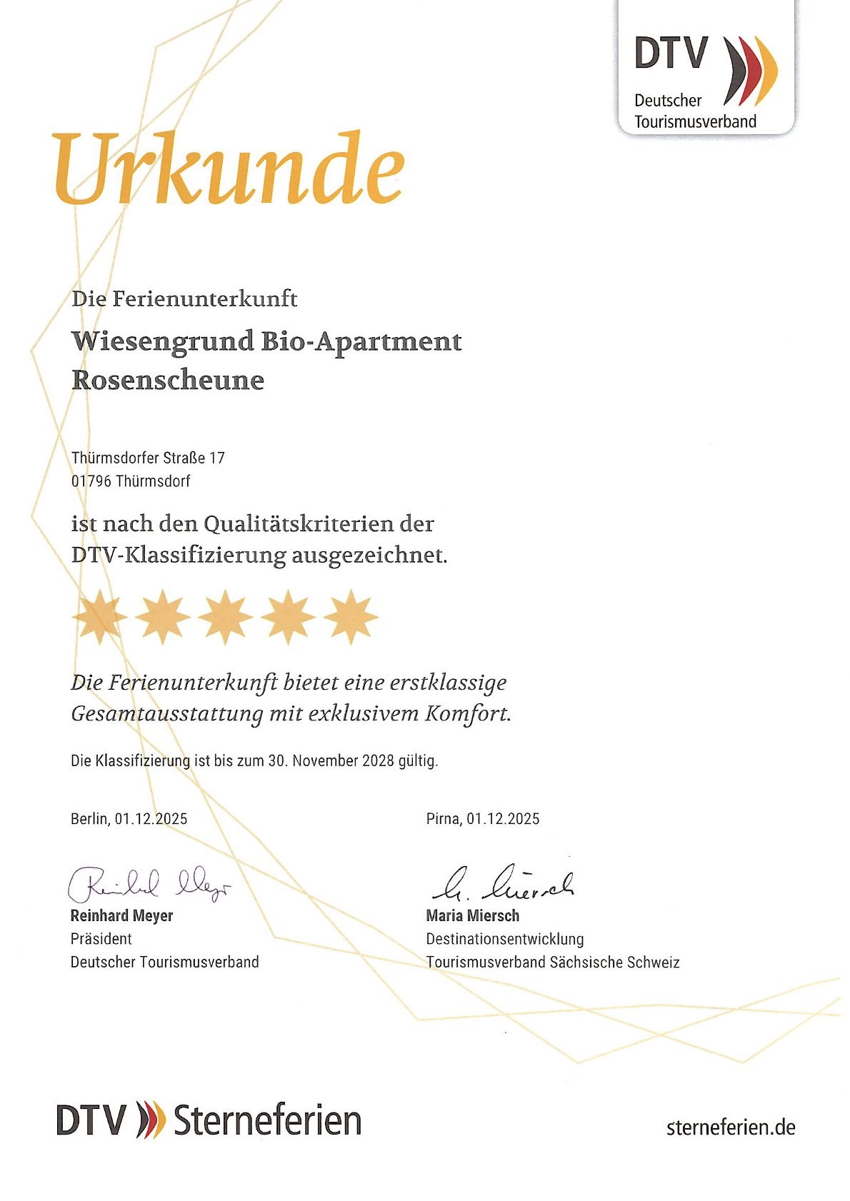 BIO-NATURIDYLL WIESENGRUND Upload Zertifikate Klassifizierung nach DTV Ferienhaus Rosenscheune