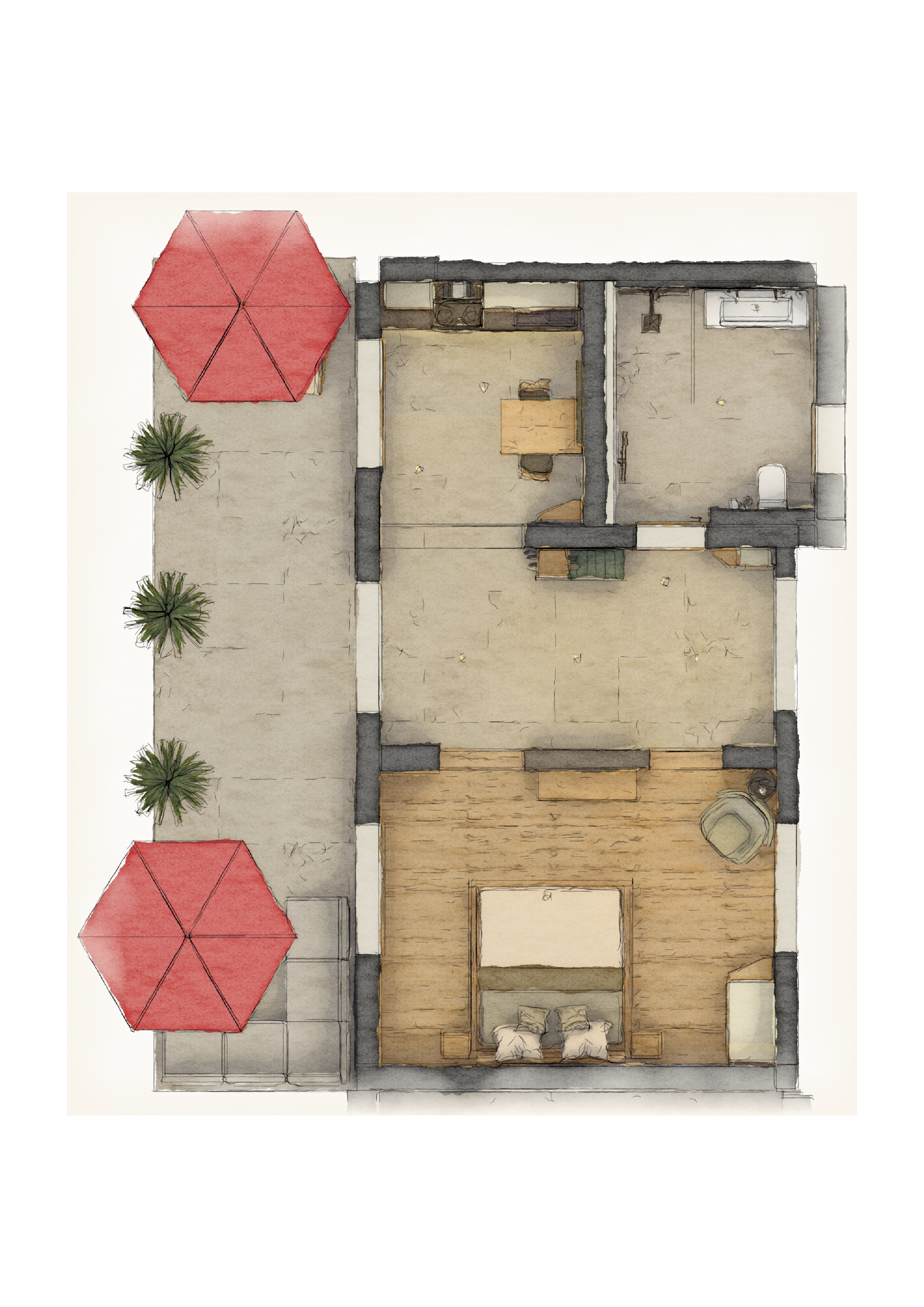 Biohotel: Apartment "Löwenzahn" Grundriss für 2 Personen, mit großzügiger Terrasse - BIO-NATURIDYLL WIESENGRUND