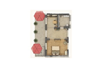 Biohotel: Appartement "Löwenzahn" Grundriss für 2 Personen, mit großzügiger Terrasse ins Grüne - BIO-NATURIDYLL WIESENGRUND