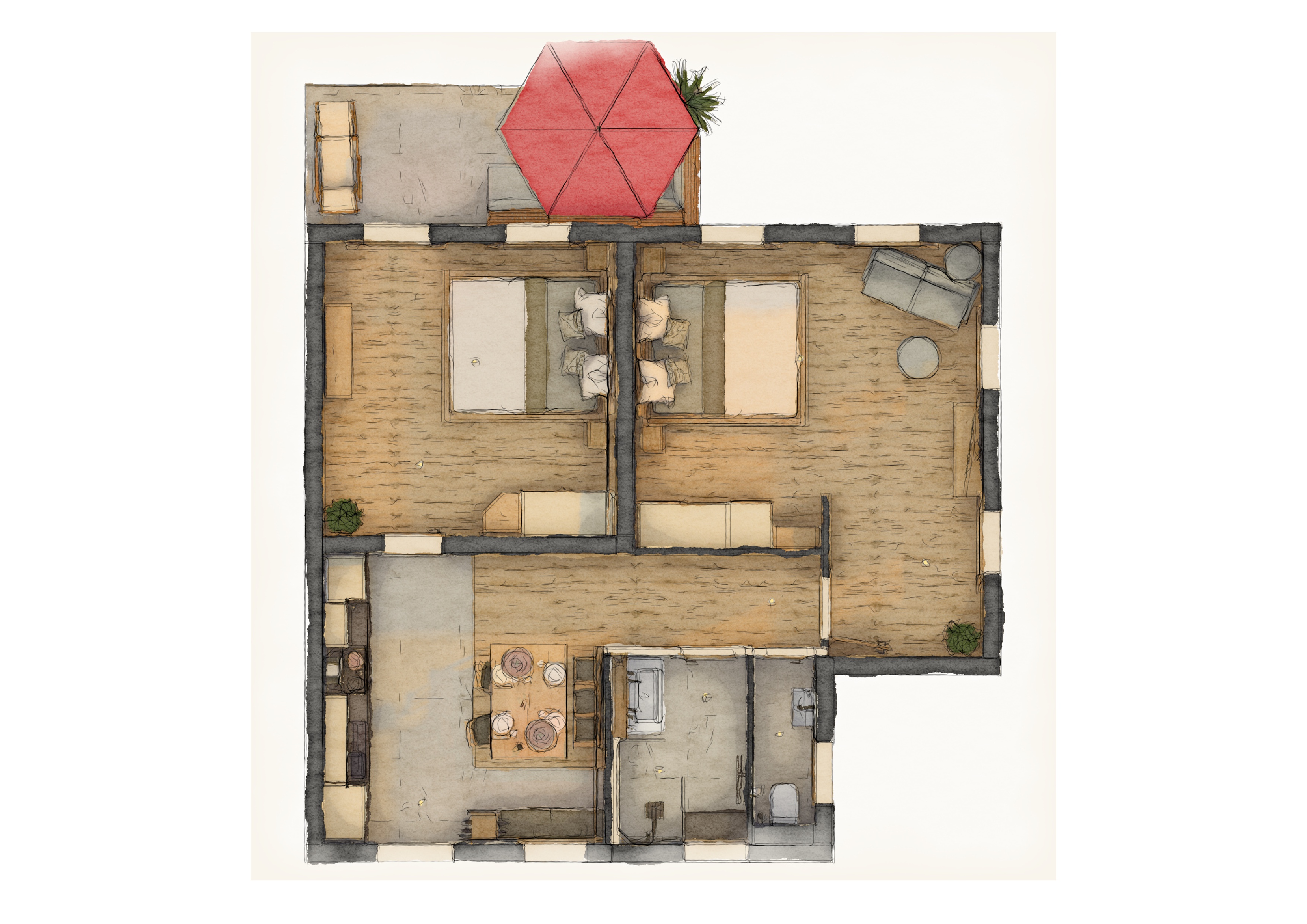 Biohotel: Apartment "Gänseblümchen" für 4 Personen, mit Terasse zum Garten, Frühstücksterrasse zum Begegnungsgarten - BIO-NATURIDYLL WIESENGRUND