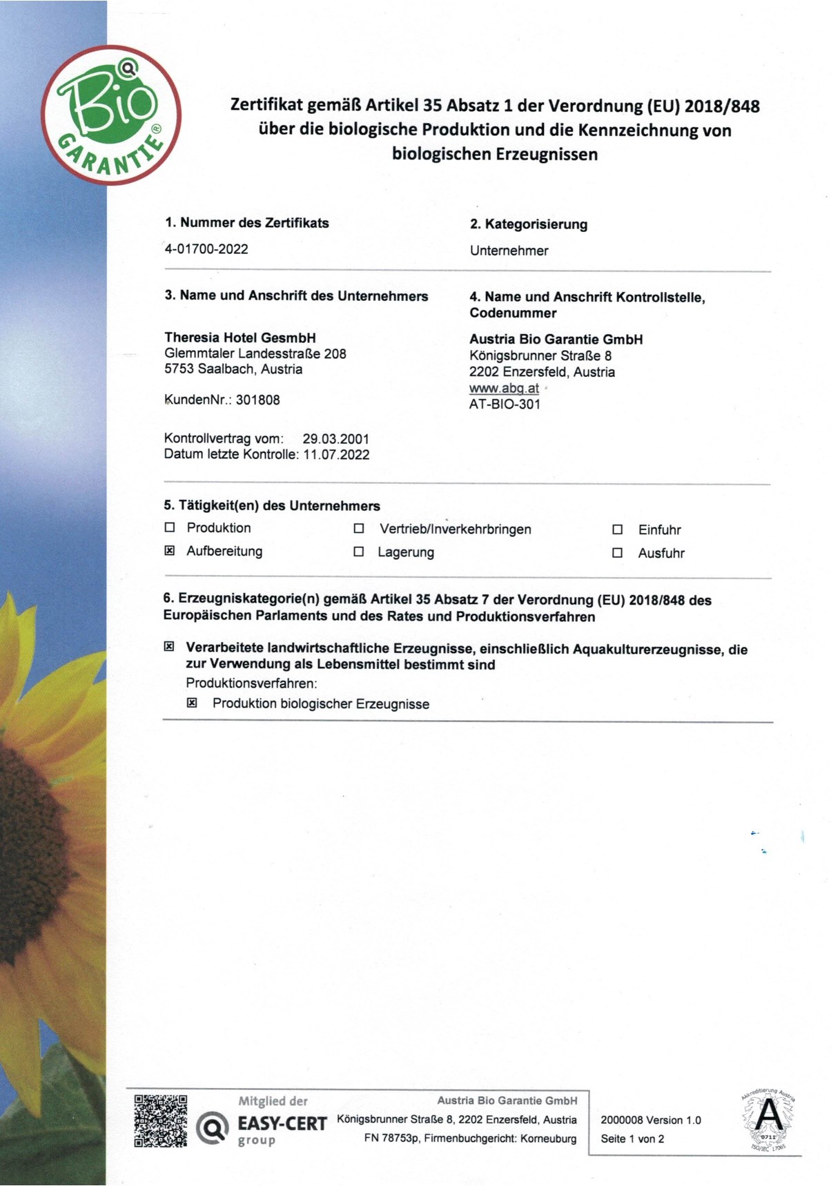 Familien- & Gartenhotel Theresia****S Nachweise Zertifikate Austria Bio Garantie Zertzifikat 2023