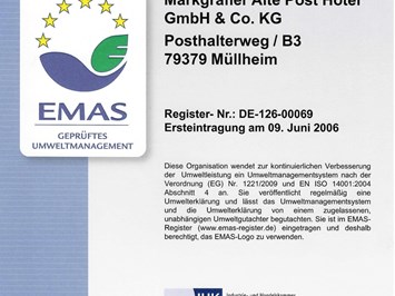 Biohotel Alte Post Evidence certificates EMAS