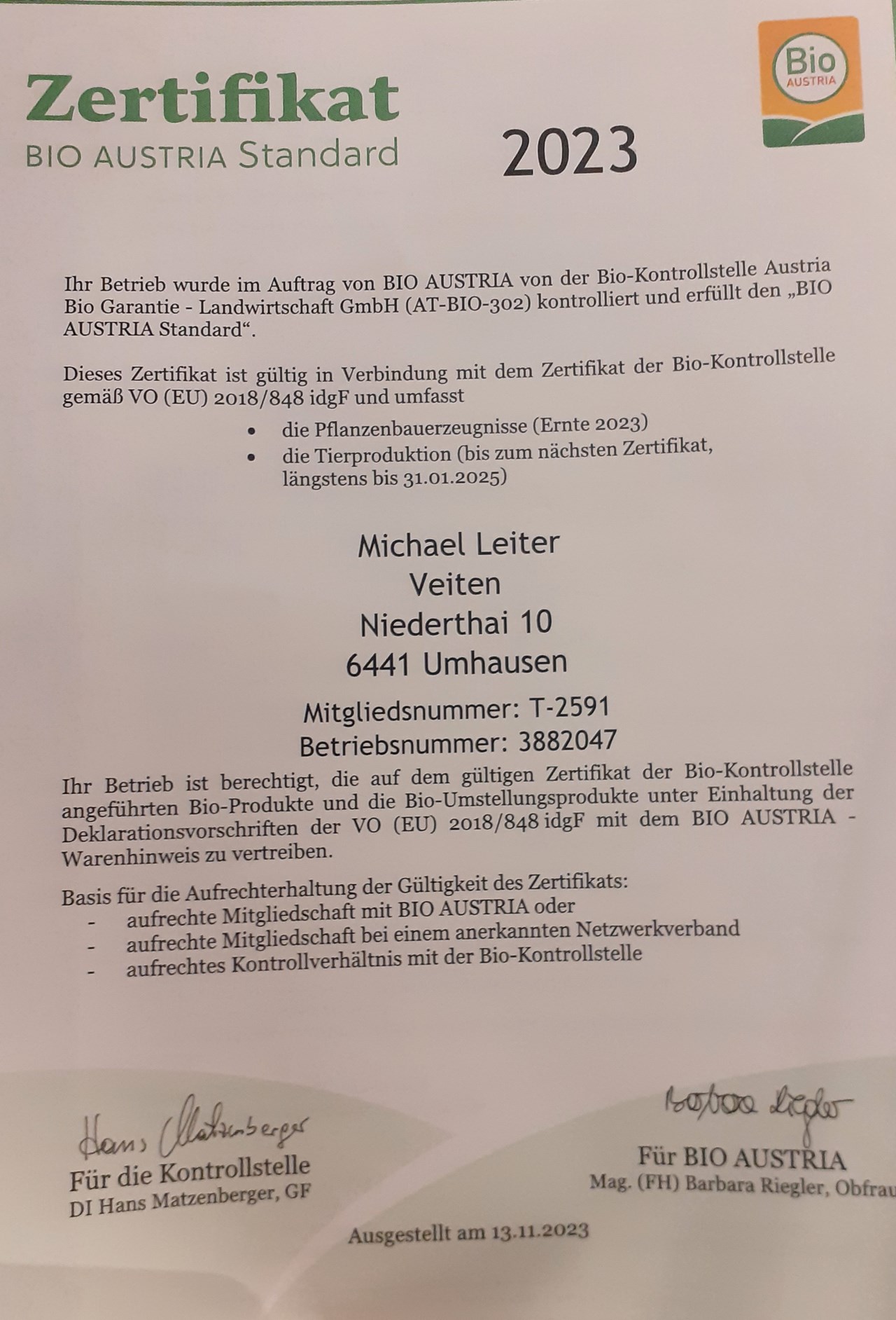 Bio & Reiterhof der Veitenhof Evidence certificates Organic Austria certificate
