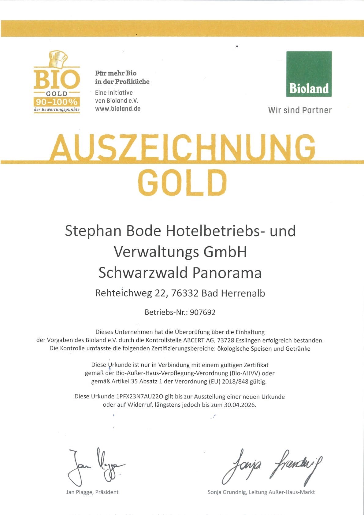 SCHWARZWALD PANORAMA Evidence certificates Bioland certificate