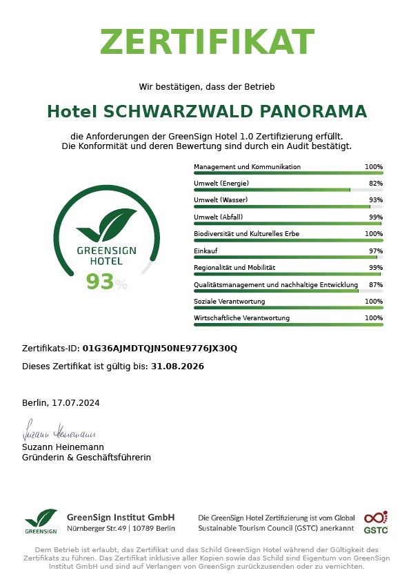 SCHWARZWALD PANORAMA Evidence certificates GreenSign Hotel
