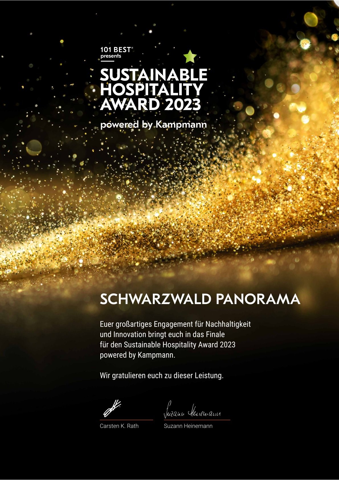 SCHWARZWALD PANORAMA Evidence certificates 1st place Sustainable Hospitality Award