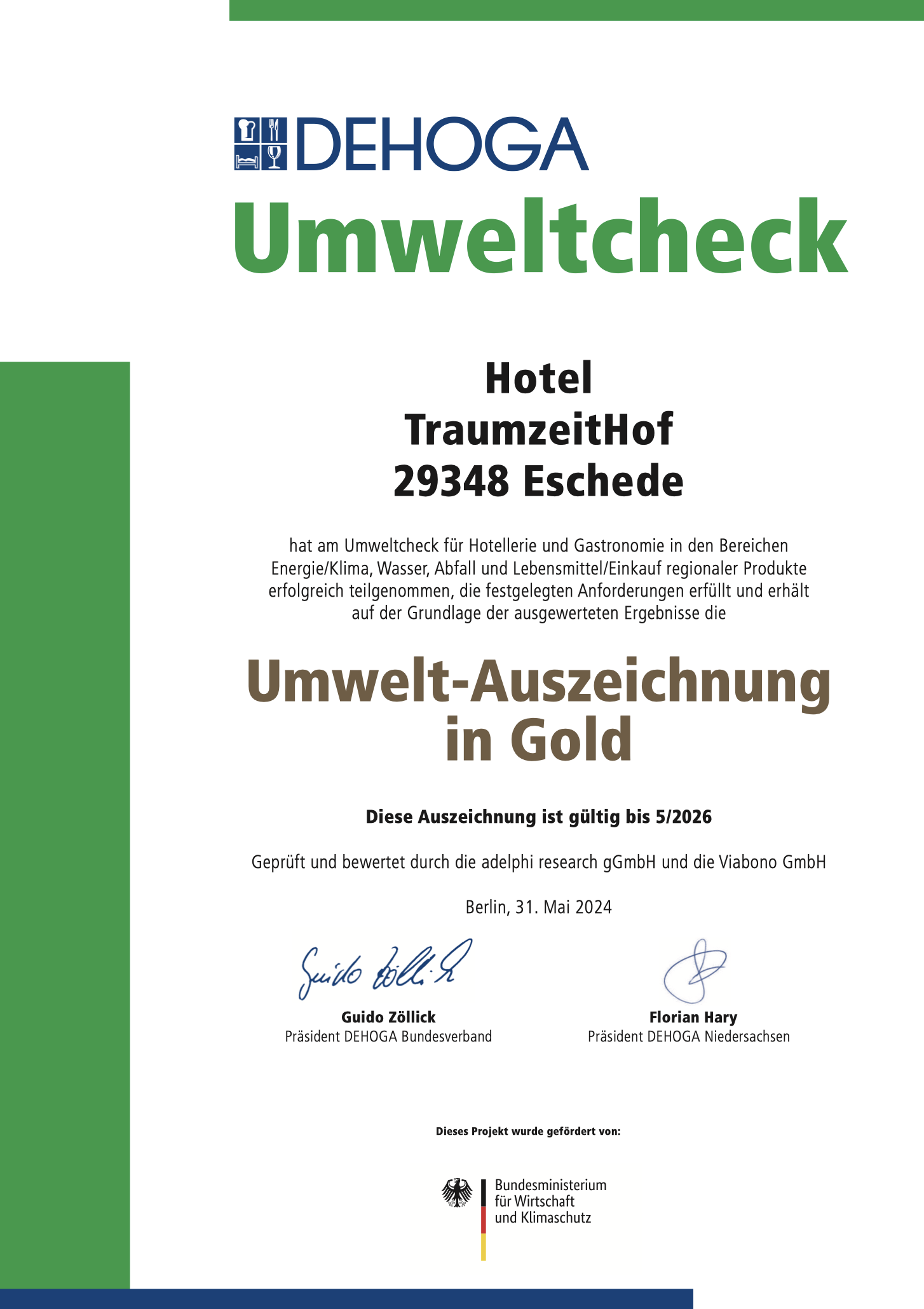 Bio-Hotel TraumzeitHof Nachweise Zertifikate Urkunde Umweltcheck Hotel TraumzeitHof