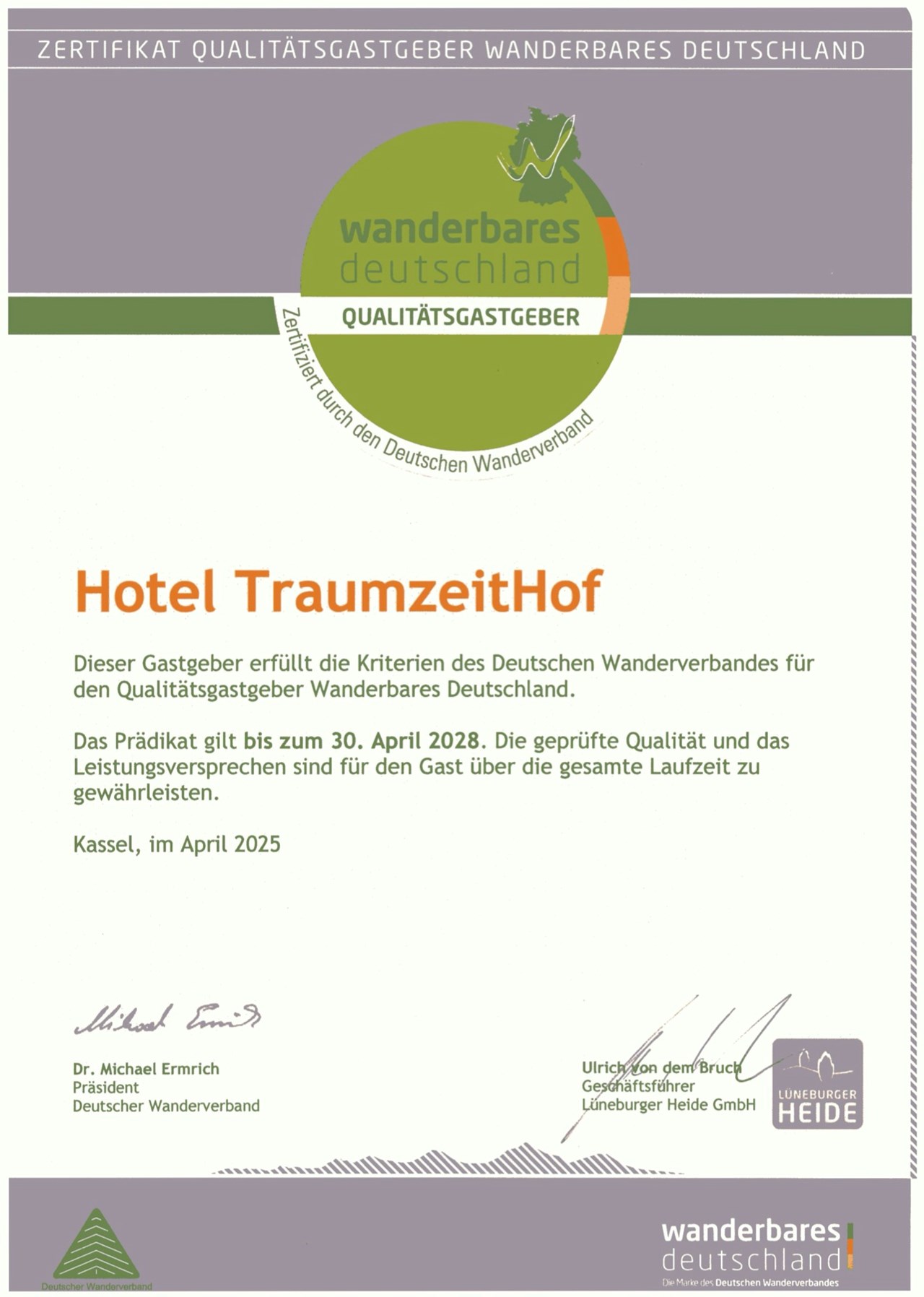 Bio-Hotel TraumzeitHof Nachweise Zertifikate Wanderbares Deutschland