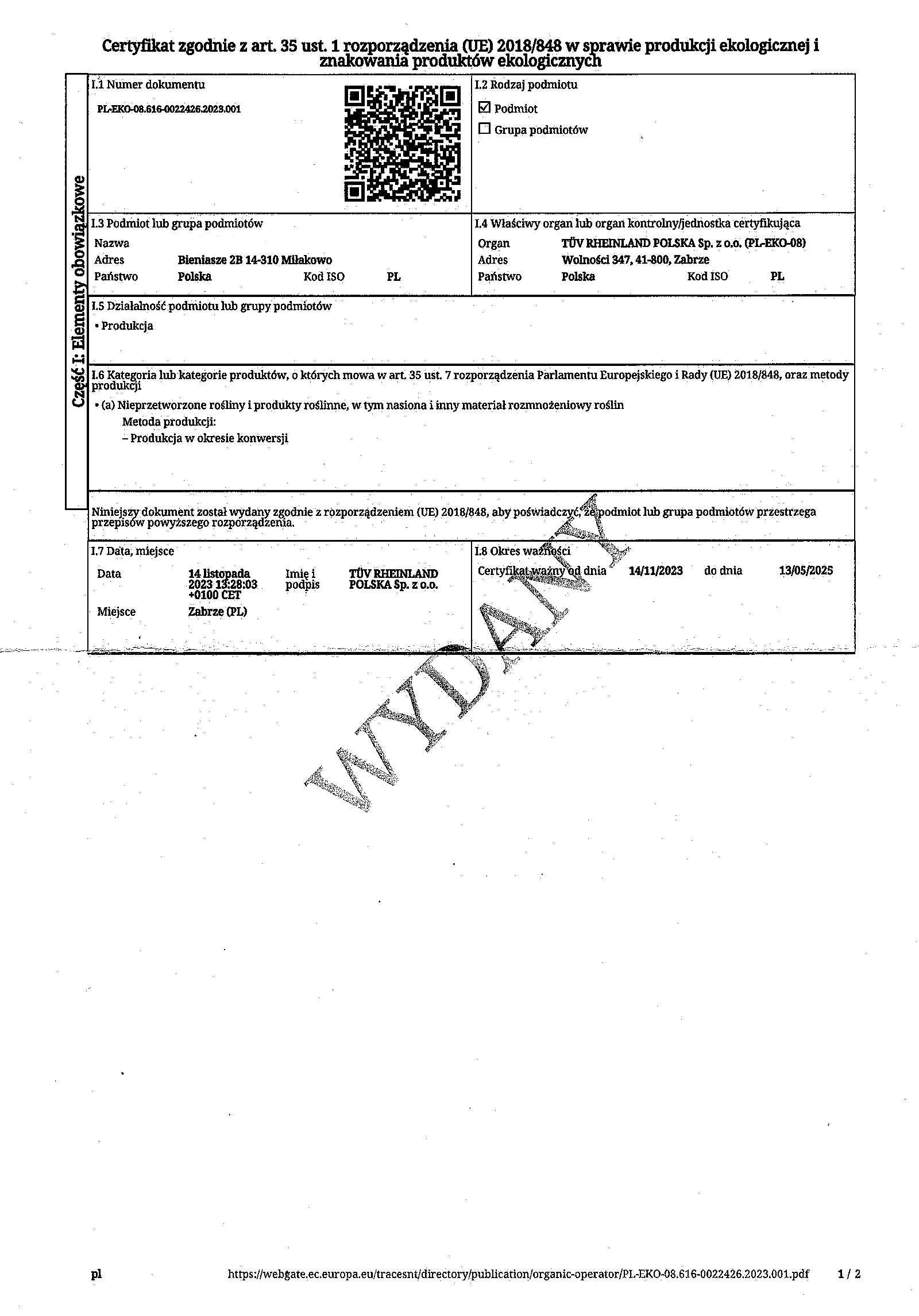 Beniaskie! Agroturystyka nad Jeziorem Nachweise Zertifikate EU Öko-Zertifikat Art. 35 Abs. 1 Verordnung 2018/848