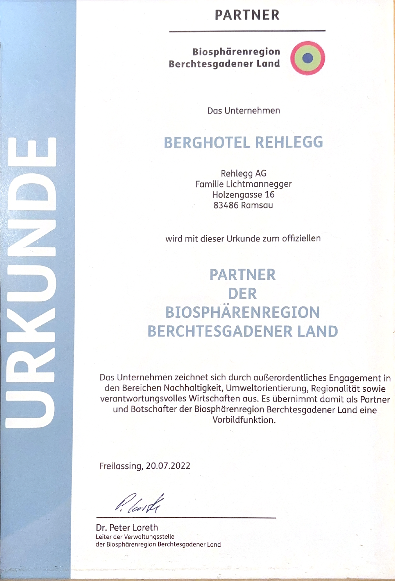 Berghotel Rehlegg Nachweise Zertifikate Biosphärenpartner