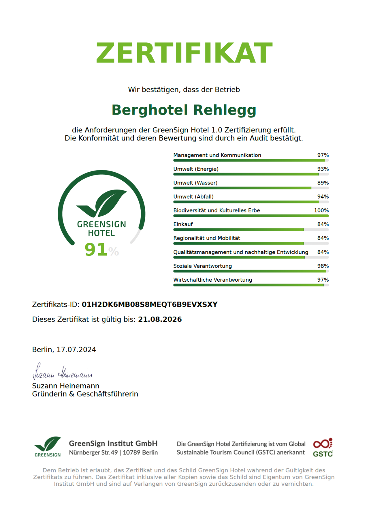 Berghotel Rehlegg Nachweise Zertifikate GreenSign Zertifikat