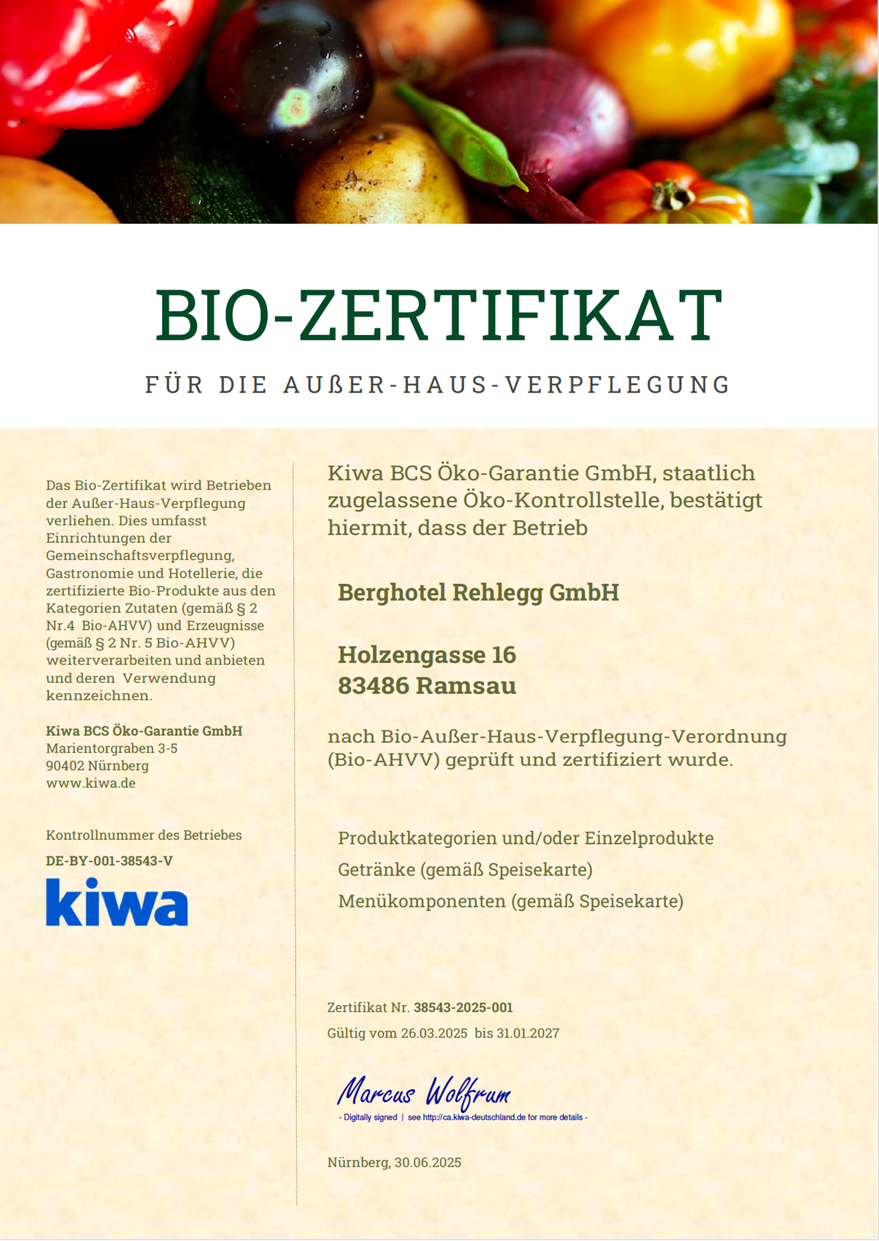 Berghotel Rehlegg Nachweise Zertifikate KIWA Bio Zertifikat - Verpflegung