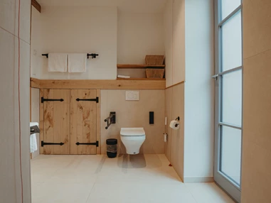 Biohotel: Toilette mit Griffen im barrierefreiem Badezimmer - Biohotel Wildland
