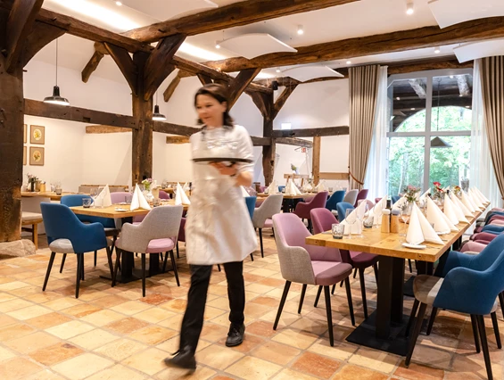 Biohotel: Unser Restaurant ist geöffnet von 7.00 bis 21.00 Uhr. Wir servieren bis 11.00 Uhr Frühstück, anschließend können Sie aus einer Tageskarte wählen und ab 17.00 Uhr gibt es leckere Speisen aus der Abendkarte. - Biohotel Wildland
