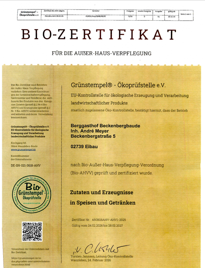 Bio-Berggasthof Beckenbergbaude Nachweise Zertifikate 