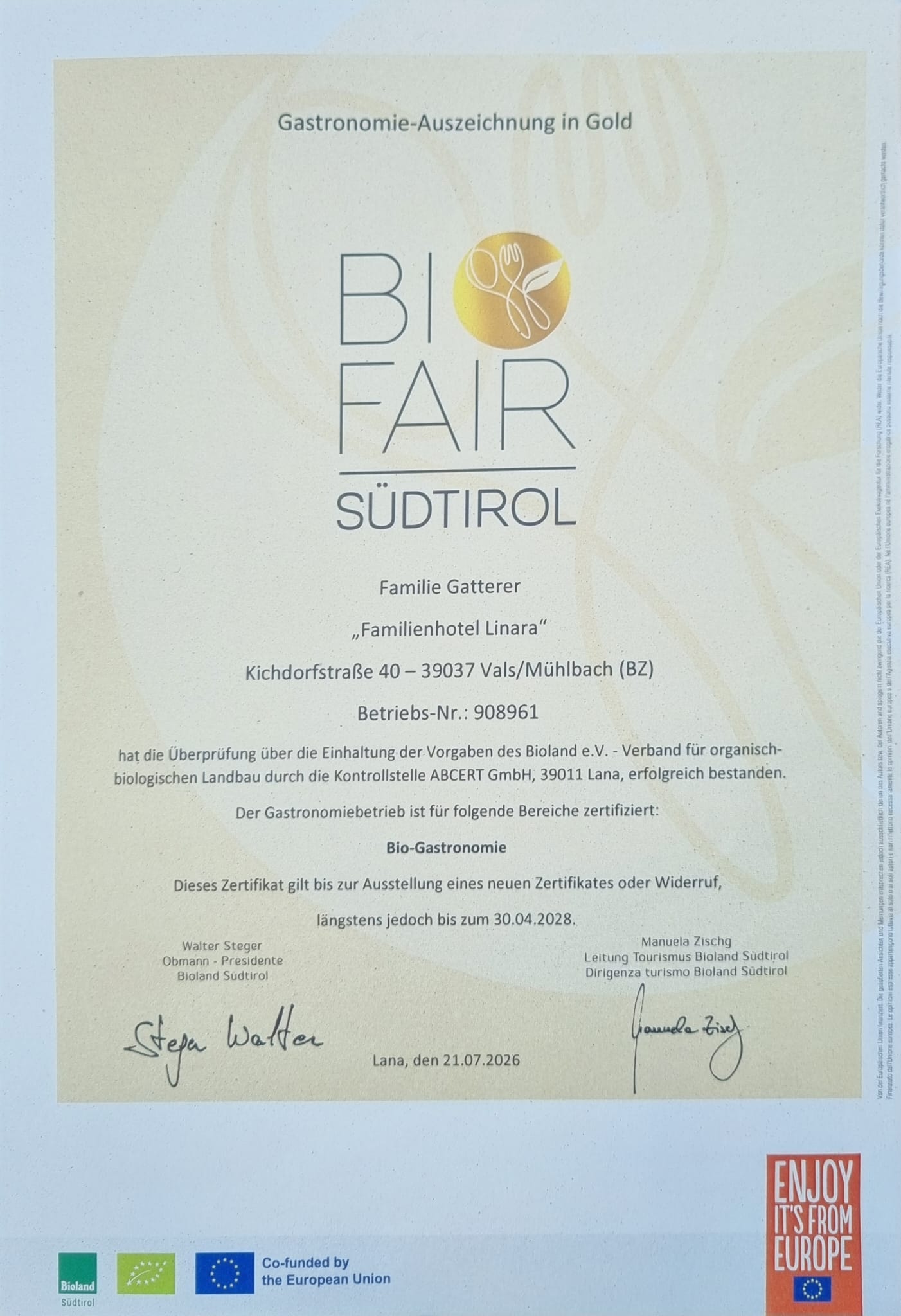 linara mountain family stay Evidence certificates Organic Fair Trade Gold South Tyrol Award
