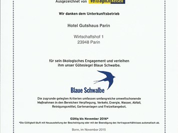Biohotel Gutshaus Parin Evidence certificates Blue Schwalbe seal of quality 2015/2016