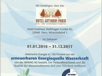 Biohotel Gutshaus Parin Nachweise Zertifikate WEMAG - Strom aus 100 % Wasserkraft 2016/2017