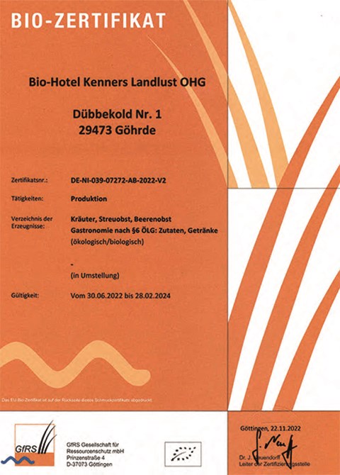 BIO-Hotel Kenners LandLust Nachweise Zertifikate BIO-Zertifizierung gfrs