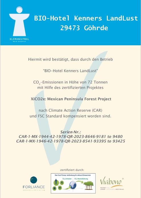 BIO-Hotel Kenners LandLust Evidence certificates Climate neutral hotel