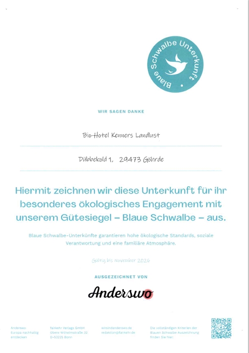 BIO-Hotel Kenners LandLust Evidence certificates Blue Swallow Certificate