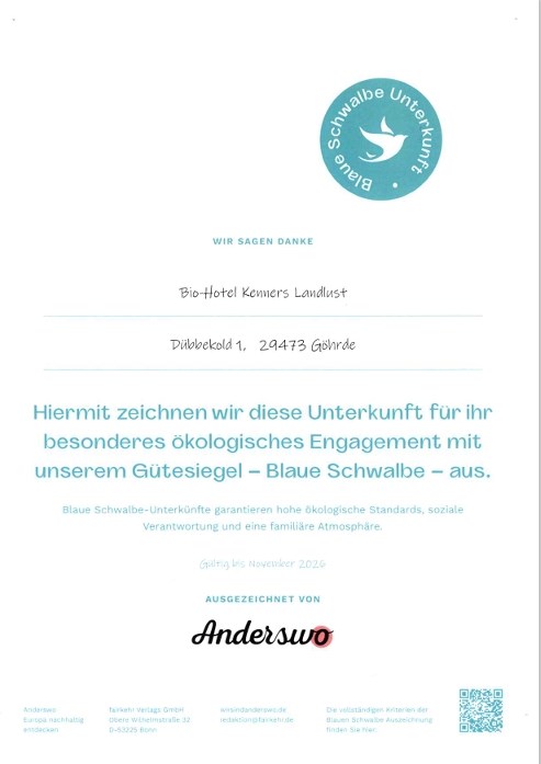 BIO-Hotel Kenners LandLust Evidence certificates Blue Swallow Certificate