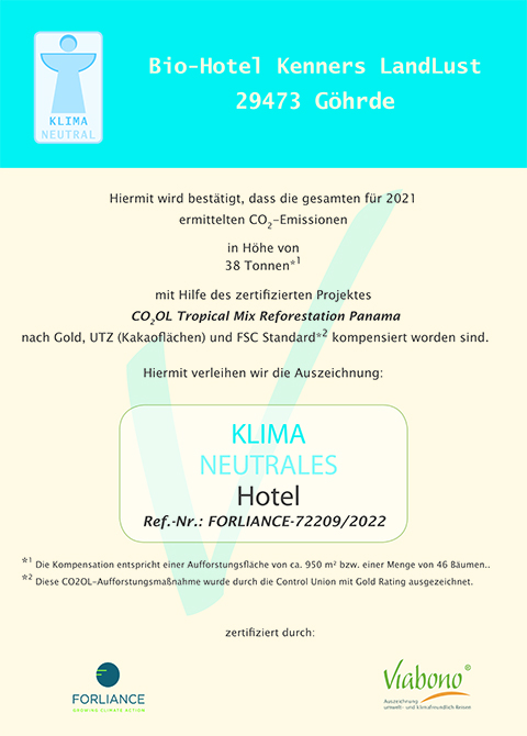 BIO-Hotel Kenners LandLust Nachweise Zertifikate Klimaneutrales Hotel