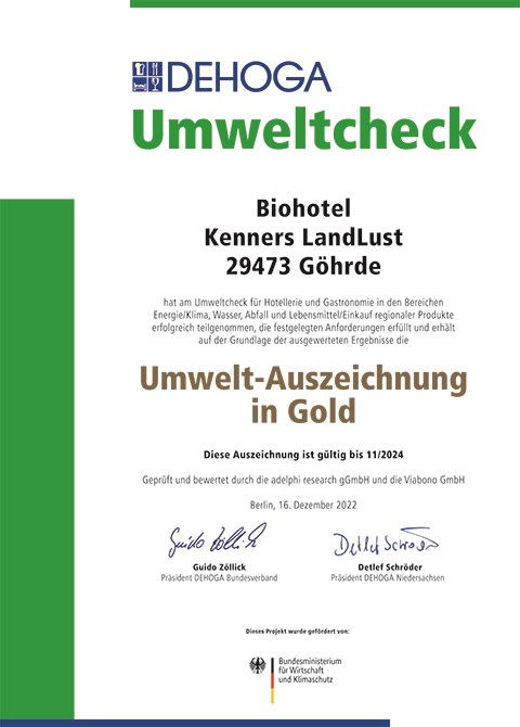 BIO-Hotel Kenners LandLust Evidence certificates DEHOGA - Gold environmental check