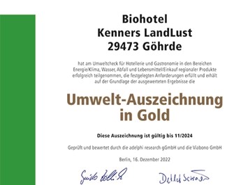 BIO-Hotel Kenners LandLust Evidence certificates DEHOGA - Gold environmental check