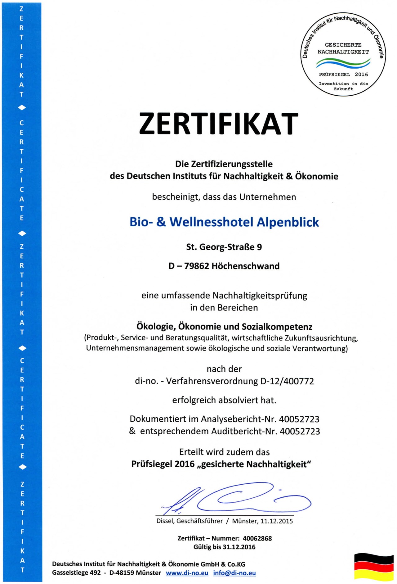 Bio- & Wellnesshotel Alpenblick Nachweise Zertifikate Zertifikat gesicherte Nachhaltigkeit