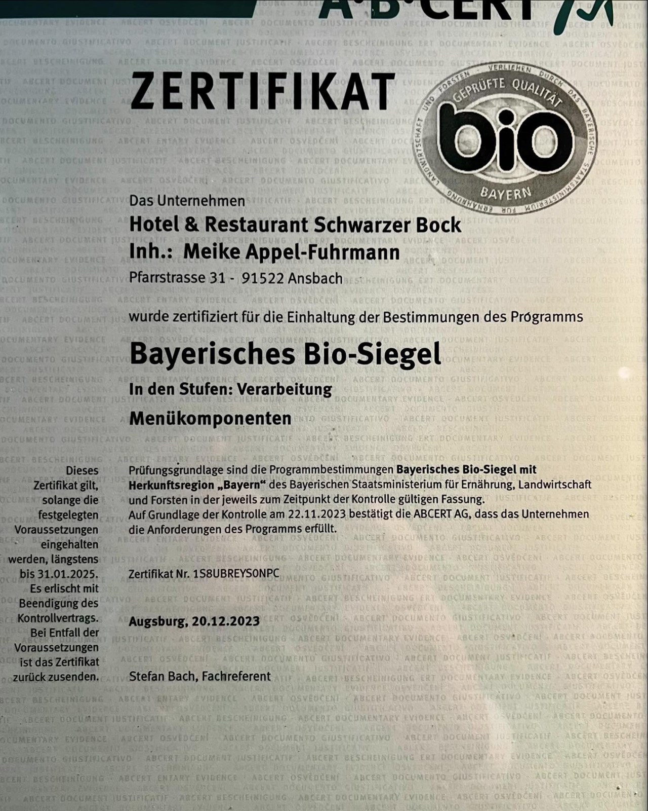 Bio-Boutiquehotel Schwarzer Bock Evidence certificates Organic from Bavaria