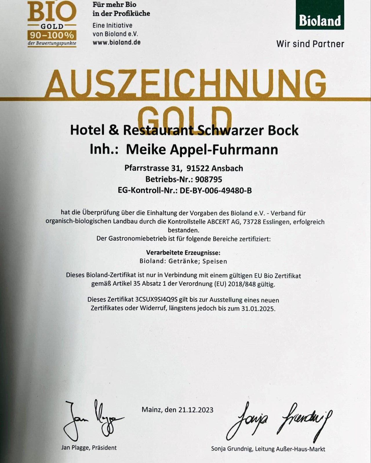Bio-Boutiquehotel Schwarzer Bock Evidence certificates Bioland 100% organic gold