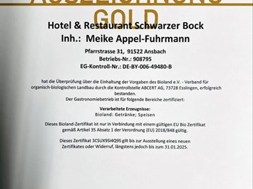 Bio-Boutiquehotel Schwarzer Bock Evidence certificates Bioland 100% organic gold