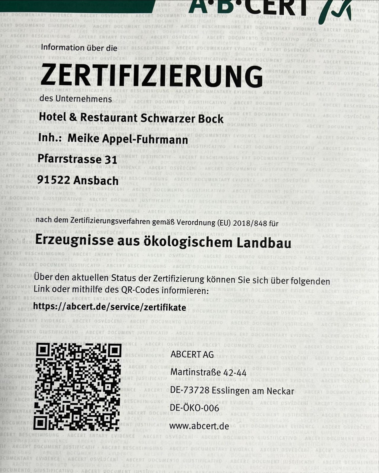 Bio-Boutiquehotel Schwarzer Bock Evidence certificates Organic certification